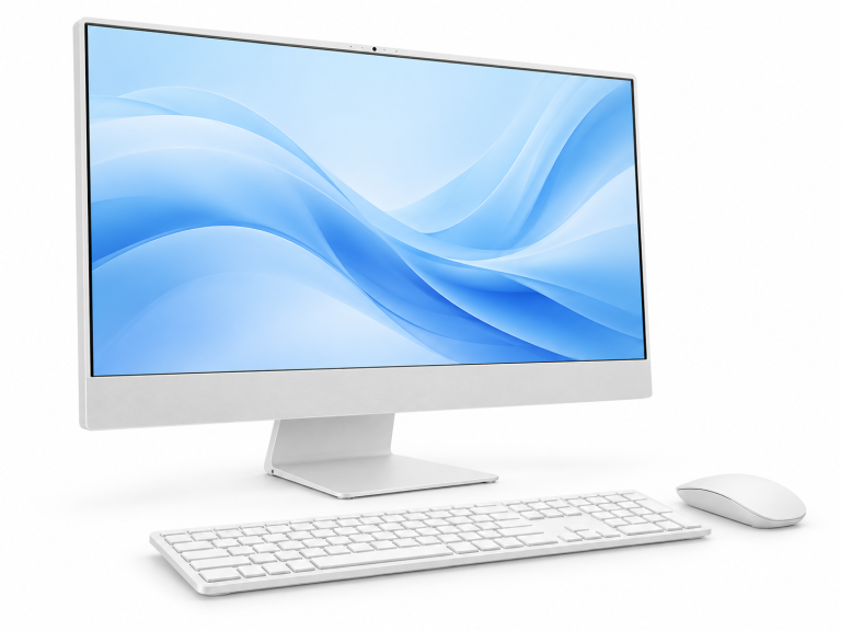 Illustration générique non contractuelle d’un ordinateur tout-en-un blanc avec clavier et souris.