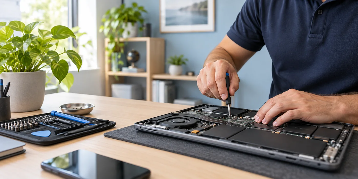 Intervention sur un ordinateur portable — illustration