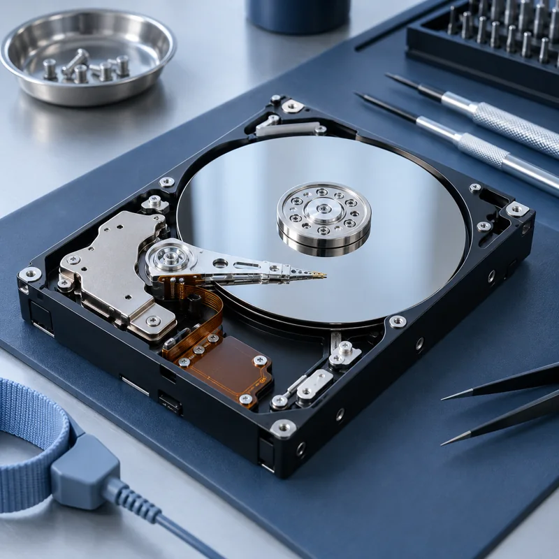 Disque dur ouvert — illustration de récupération de données